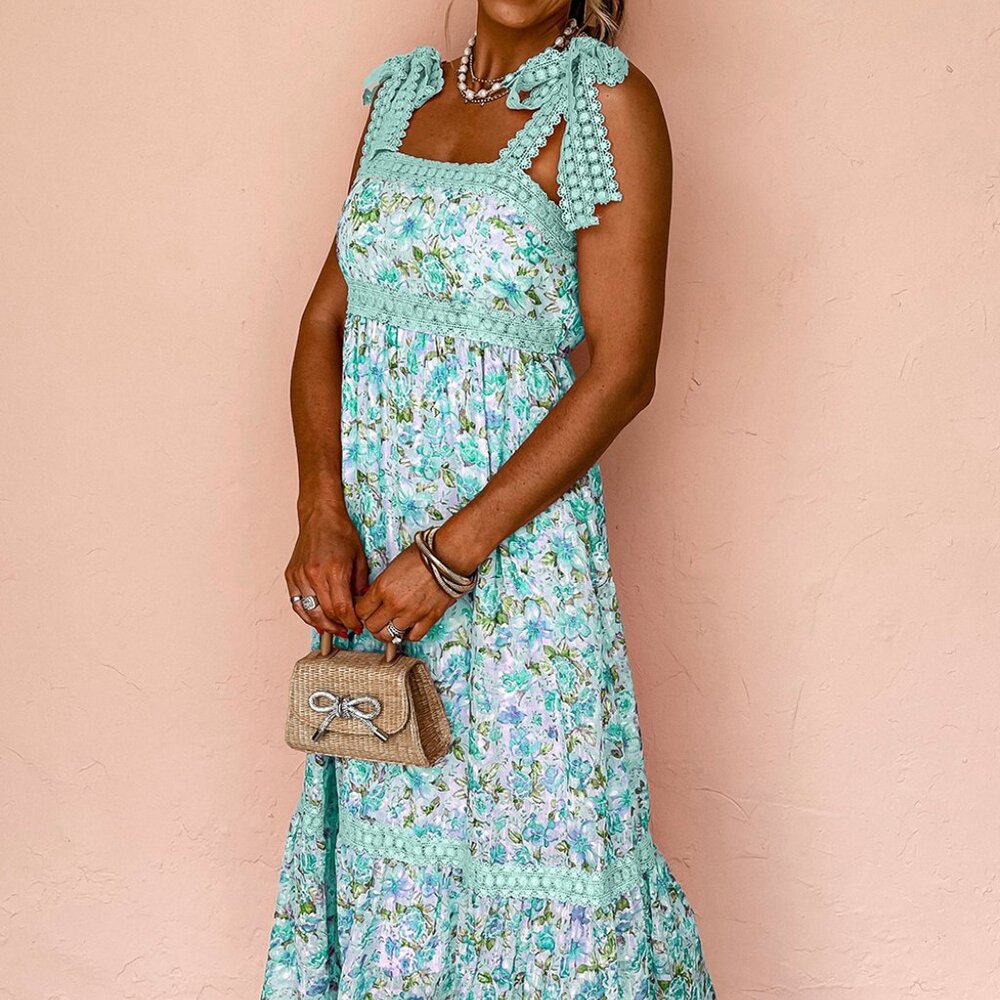 B282 Green Floral Lace Tied Strap Empire Waist Maxi Dress - Picture 4 of 13